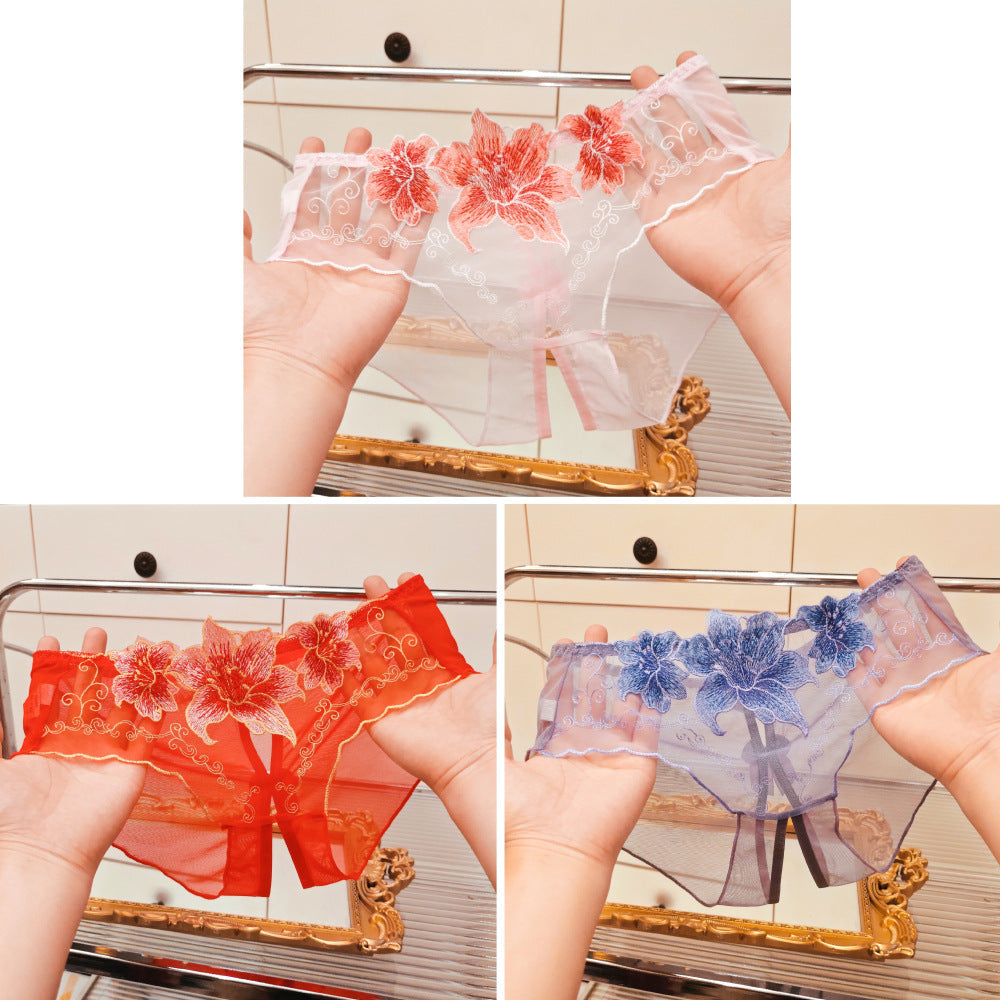 Image of A dropshipping summer thin embroidery hollow open mesh transparent sexy underwear women’s traceless low-waisted new